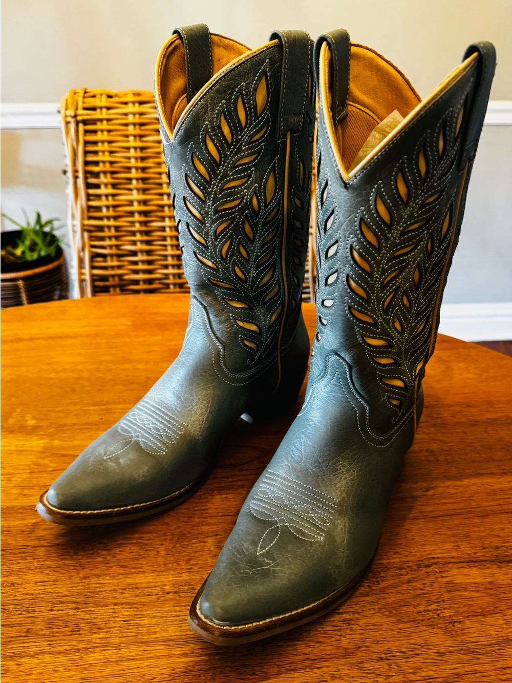 Women’s Blue Cutout Western Heeled Boots - Stylish Riding-Inspired Design